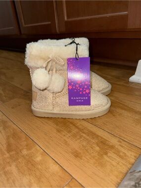 Rampage Girls Cream Pom-Pom Faux Fur Kids Boot